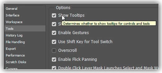 As dicas de ferramentas são ótimas para aprender sobre as diferentes opções do Photoshop.