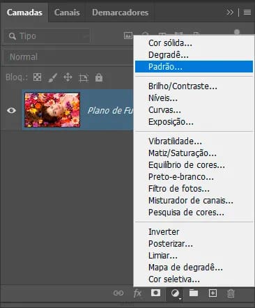 As camadas Cor Sólida, Decradê e Preenchimento Padrão.