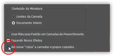 Desmarcando 'Adicionar "cópia" a camadas e grupos copiados