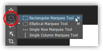Selecionando a Rectangular Marquee Tool atrás da Elliptical Marquee Tool.