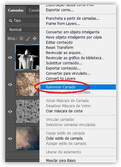 Escolhendo o comando Rasterizar Camada.