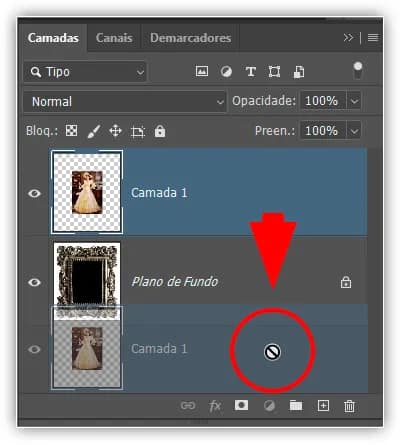 O mesmo ícone "não vai acontecer" aparece ao tentar arrastar a Camada 1 abaixo da camada Plano de fundo.