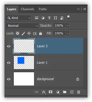 A nova camada em branco aparece acima da Camada 1.