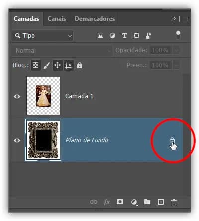 Clicando no ícone de cadeado da camada Plano de Fundo.