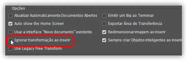 A opção "Ignorar Transformação ao Colocar".
