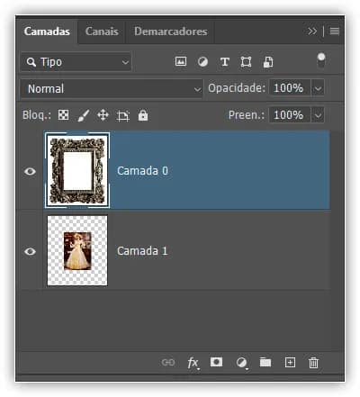 A camada 0 agora aparece acima da camada 1, o que não seria possível enquanto a camada 0 ainda fosse a camada de plano de fundo.