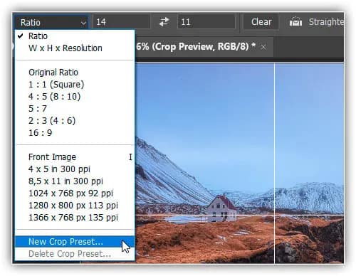 Escolhendo "Nova Predefinição de Corte".
