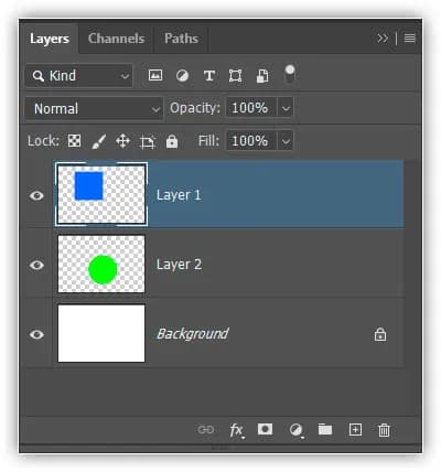 A Camada 1 agora aparece acima da Camada 2 no painel Camadas.