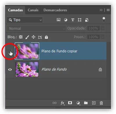 Clique no ícone de visibilidade da camada para desativar uma camada no documento.