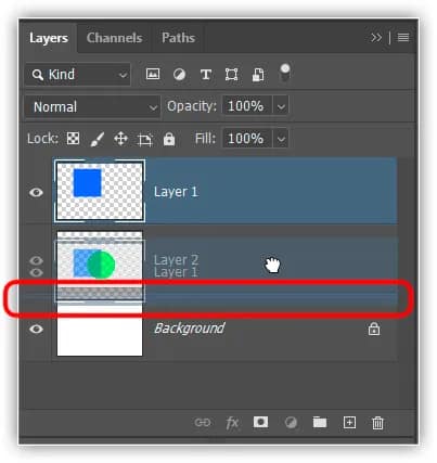 Arrastando a Camada 1 abaixo da Camada 2.
