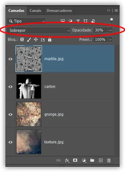 Alterando o modo de mesclagem da camada para Sobrepor.