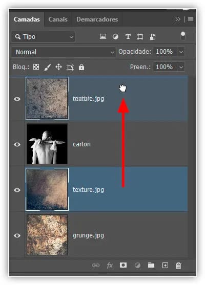 Arrastando a camada de textura para o topo da pilha.