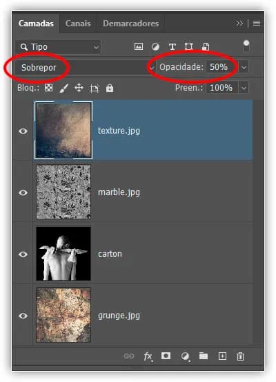 Mudando o modo de blend e diminuindo a opacidade da textura.