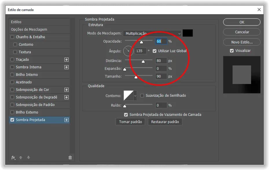 As opções de Sombra Projetada na caixa de diálogo estilo de Camada.