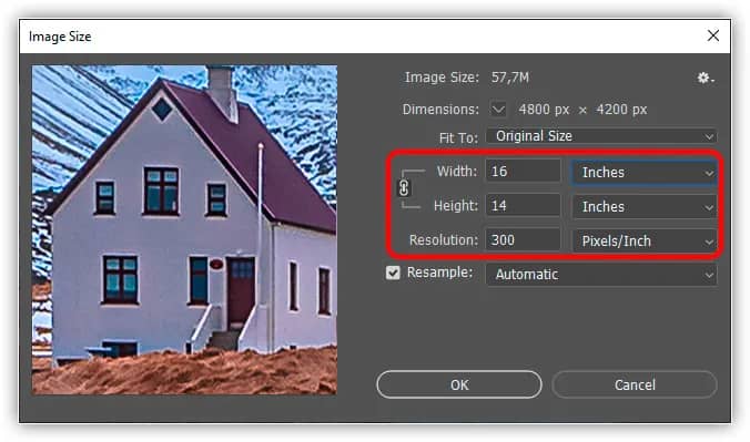 Confirmando o novo tamanho de recorte na caixa de diálogo Tamanho da imagem.