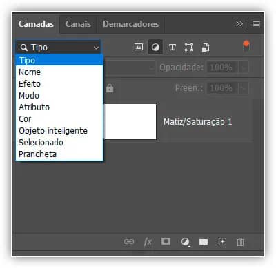 Clique na caixa Tipo de filtro para ver todas as maneiras pelas quais podemos filtrar nossas camadas.