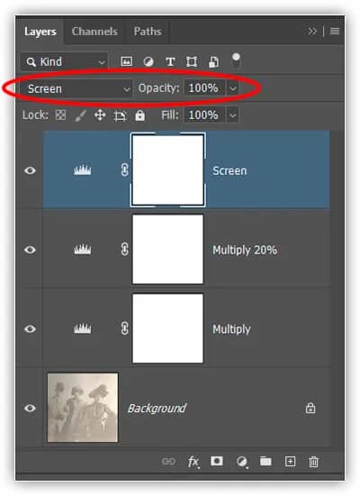 Alterando o modo de mesclagem da camada de ajuste superior para Screen e aumentando a opacidade de volta para 100%.