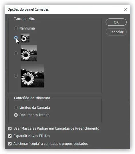Escolha entre três tamanhos diferentes para as miniaturas de visualização.