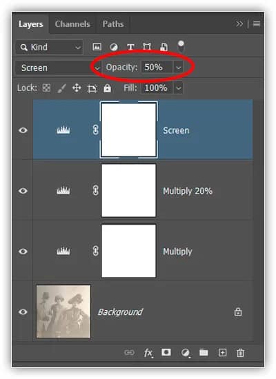 Ajustando o brilho da imagem diminuindo a opacidade da camada "Screen".