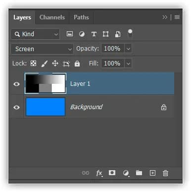 Alterando o modo de mesclagem da camada "Gradiente e Quadrados" para Divisão (Screen).