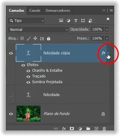 Girando os estilos de camada, abra para visualizar a lista de efeitos sendo adicionados ao texto.