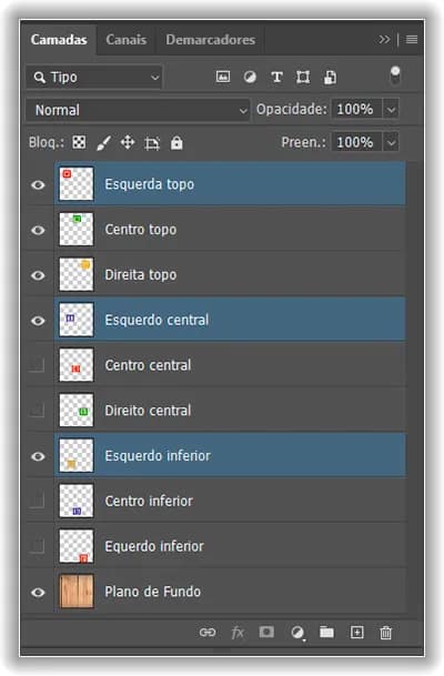 Selecionando as camadas Superior Esquerda, Meio Esquerda e Inferior Esquerda.