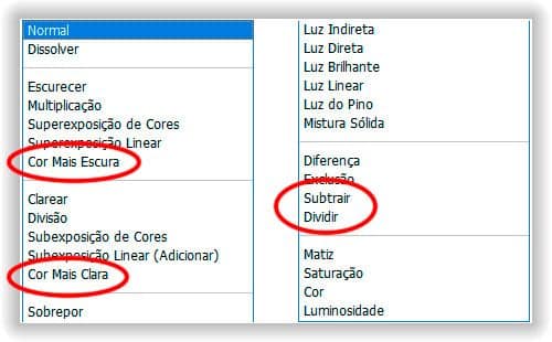 Os quatro modos de mesclagem sem atalhos de teclado.