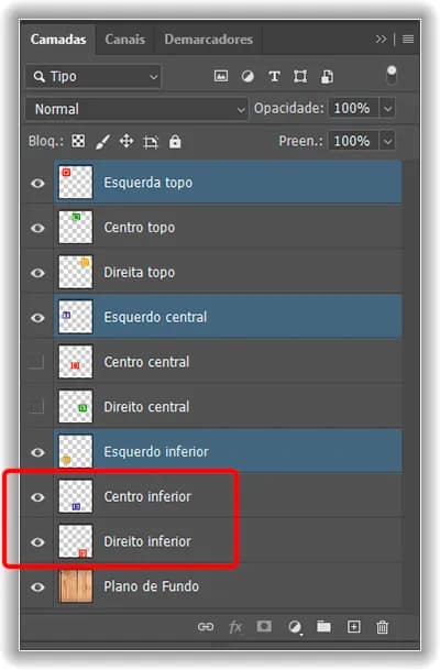 Clicando no ícone de visibilidade para as camadas Bottom Center e Bottom Right.