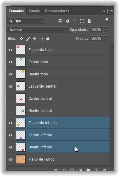 Selecionando as camadas Inferior Esquerda, Inferior Central e Inferior Direita.