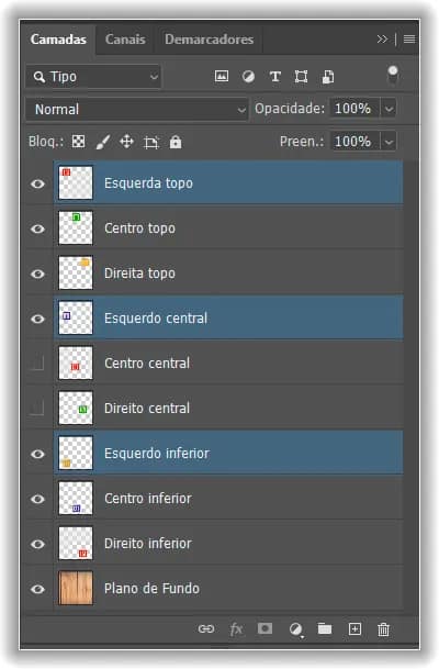 Selecionando as camadas Superior Esquerda, Meio Esquerda e Inferior Esquerda.