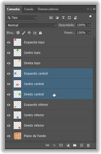 Selecionando as três camadas intermediárias.