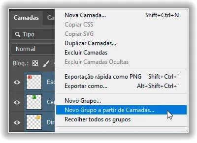 Escolhendo Novo grupo de camadas no menu do painel Camadas.