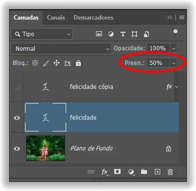 Opacidade da Camada vs Preenchimento no Photoshop. Reduzindo o preenchimento para 50%.