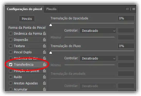 Clique diretamente na palavra Transferência no painel Pincéis.