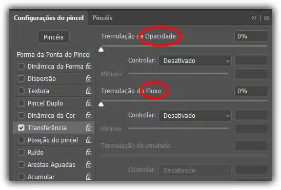 Opacidade e fluxo vêm com uma opção de controle e um controle deslizante Tremulação.