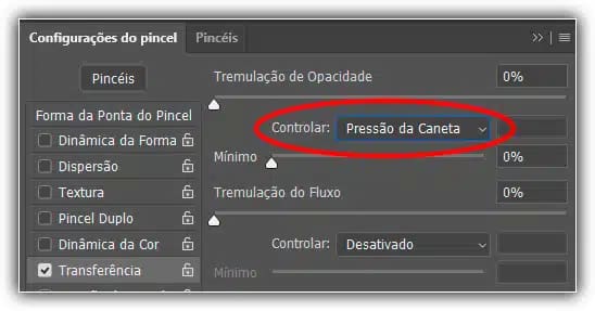Selecionando a pressão da caneta para controlar a opacidade da cor do pincel.