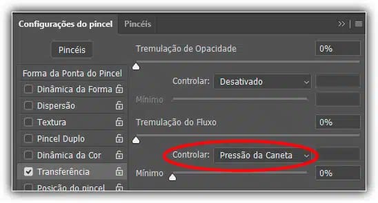 Opacidade e Fluxo compartilham as mesmas opções de controle (Atenuar, Pressão da Caneta, Inclinação da Caneta e Roda de Estilos).