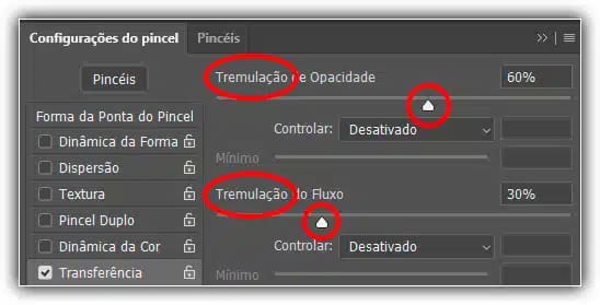 Use os controles deslizantes Tremulação de Opacidade e Tremulação de Fluxo para permitir que o Photoshop os altere aleatoriamente.