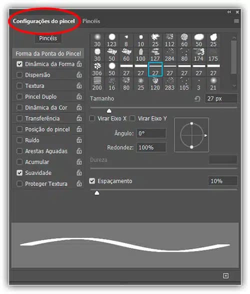 O painel Pincéis definido para as predefinições de pincel.
