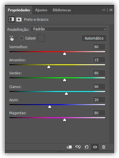 Ilumine ou escureça diferentes áreas da imagem em preto e branco usando os controles deslizantes de cores.