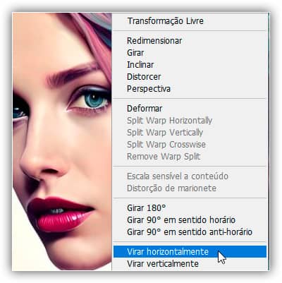 Escolhendo o comando Virar Horizontal.