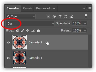 Selecionando “Camada 2” e alterando seu modo de mesclagem para Color.