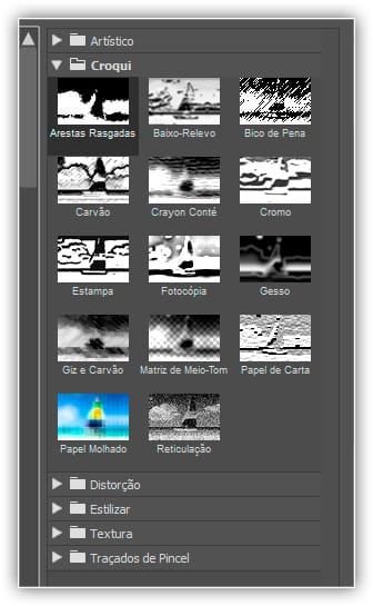 Os grupos de filtros e miniaturas na Galeria de filtros do Photoshop.