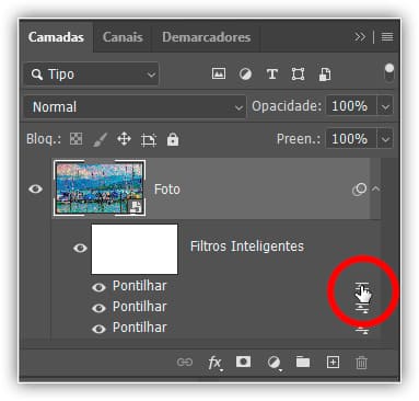 Abrindo as opções de mesclagem para o terceiro filtro inteligente Pontilhar.