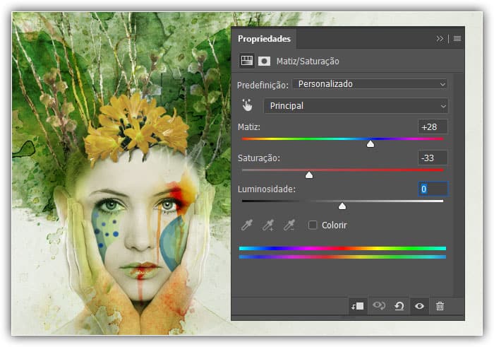 udo a cor das flores com uma camada Matiz/Saturação.