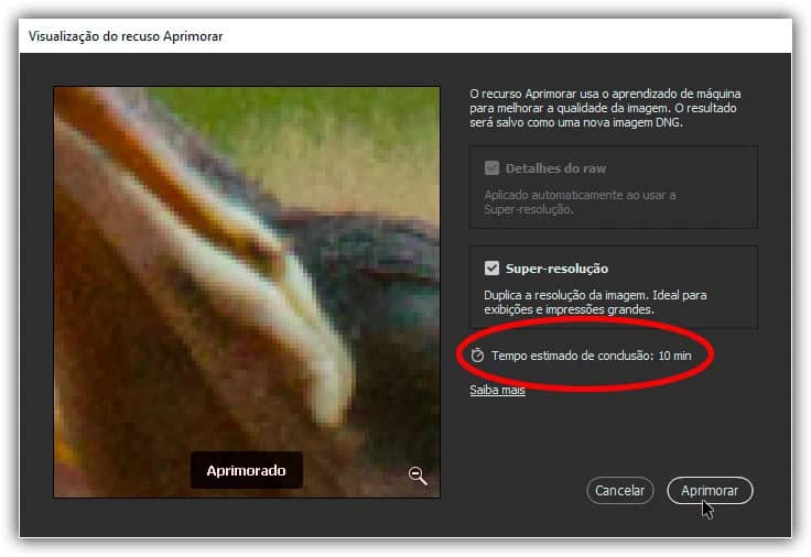 O tempo estimado para aprimorar a imagem.
