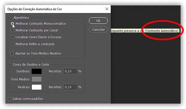 A dica de ferramenta nos diz que Melhorar contraste monocromático é igual a Contraste Automático.