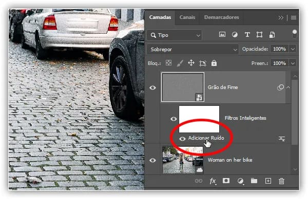 O painel Camadas agora mostra o filtro Adicionar ruído como um Filtro Inteligente.