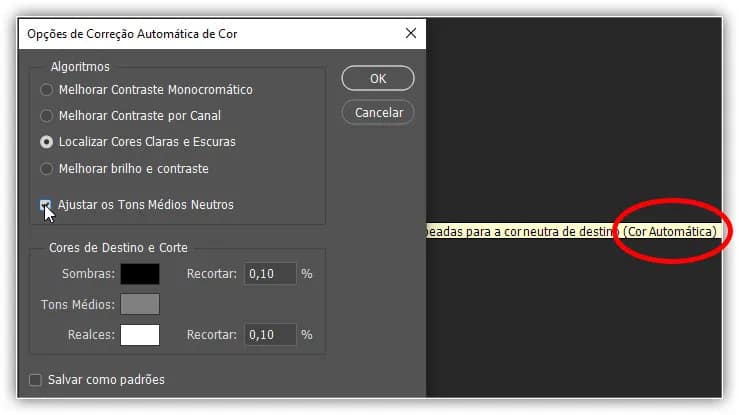 Selecionando a opção Snap Neutral Midtones.