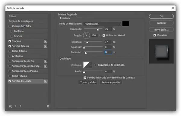 Adicione uma sombra projetada com estas configurações.